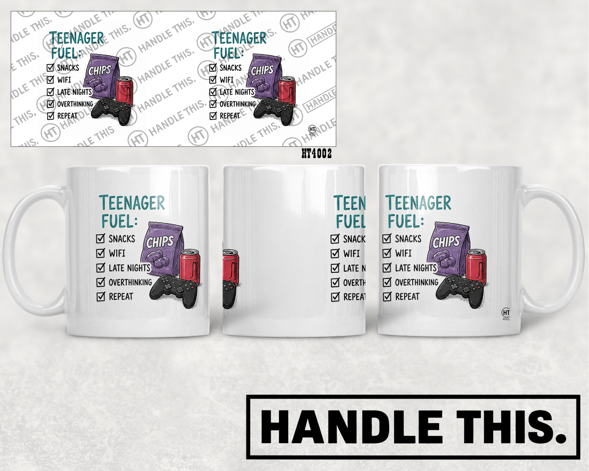HT4002 Teenager Fuel G Snacks Chips G Wifi Late Nights Overthinking Repeat mug mockup