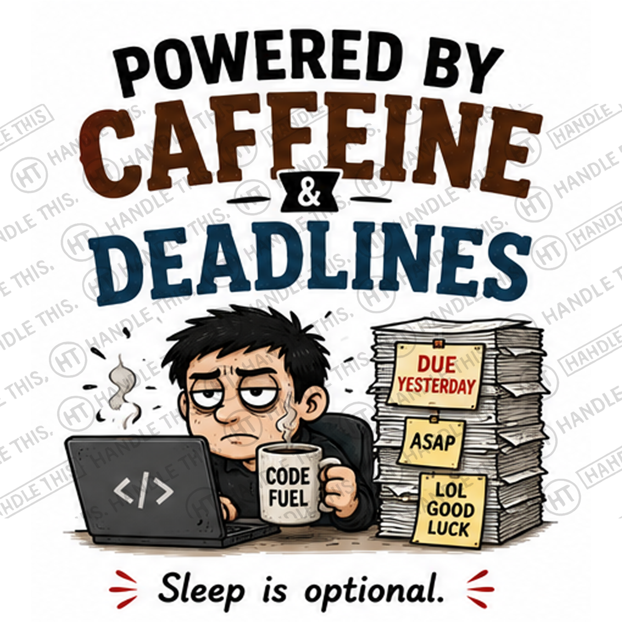 HT4133 Powered By Caffeine And Deadlines watermarked artwork