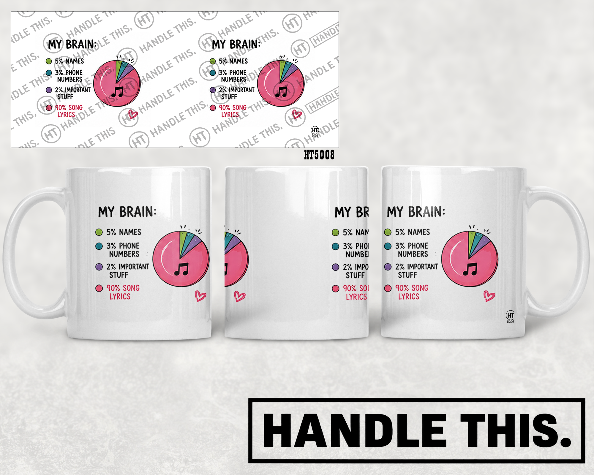 HT5008 My Brain 5% Names 3% Phone Numbers 2% Important Stuff 90% Song Lyrics mug mockup