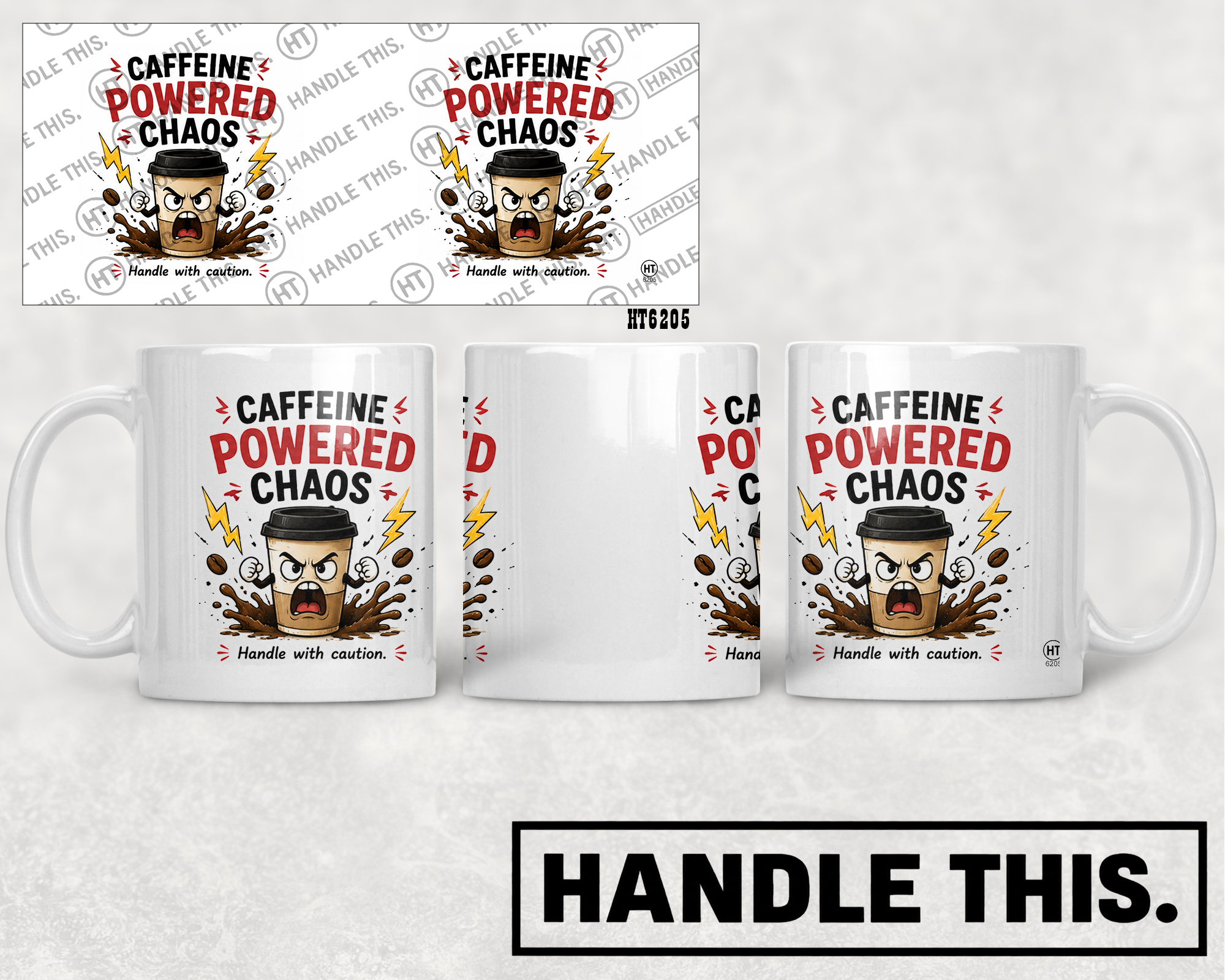 HT6205 Caffeine Powered Chaos mug mockup