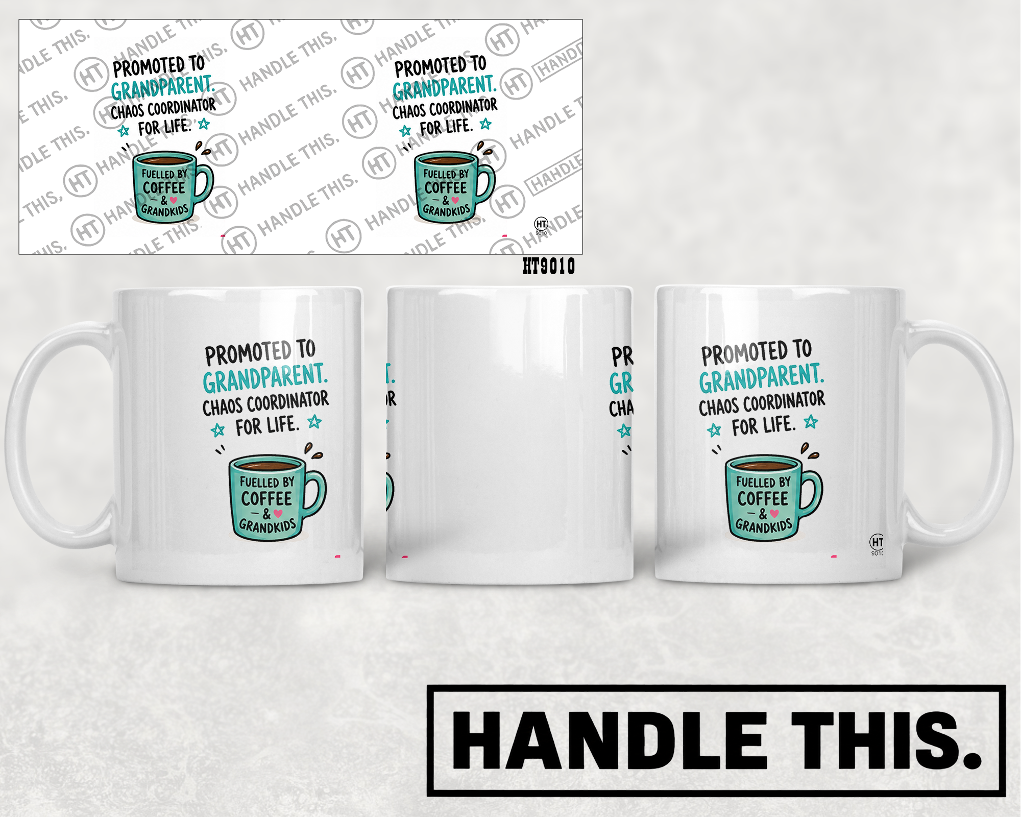 HT9010 Promoted to Grandparent Chaos Coordinator for Life Fuelled by Coffee Grandkids mug mockup